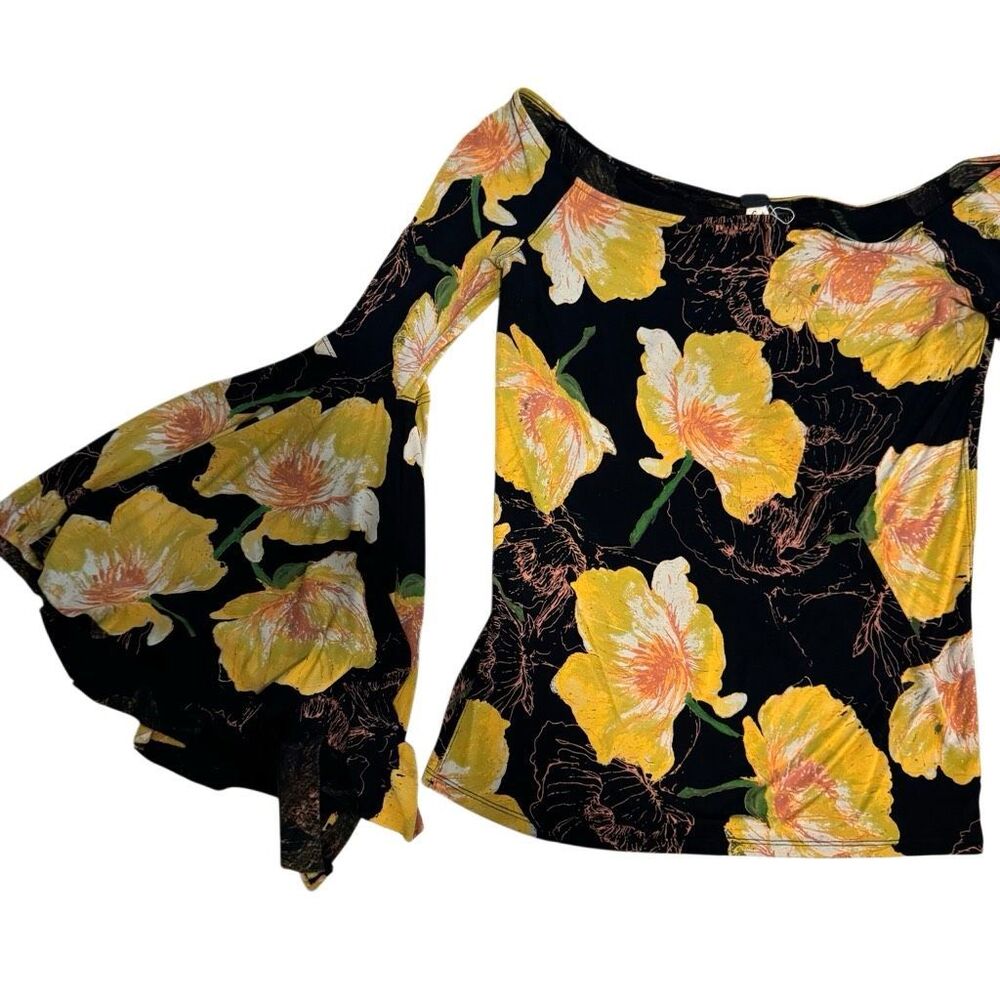 We The Free Floral Off Shoulder Bell Sleeve Top Black Yellow Boho Size S - Picture 3 of 6